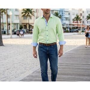 Jared Lang Long Sleeve Button Down Collared Shirt XL Lime Green Blue Buttons